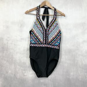 Aqua Green One Piece Swimsuit Women Large Halter Tribal Multicolor Full Coverage